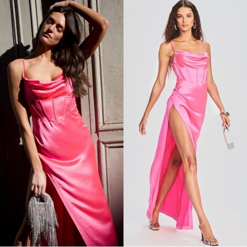 RETROFETE Bubblegum Satin Draped Neck Sleeveless Cutout Back Corset Slip Dress L